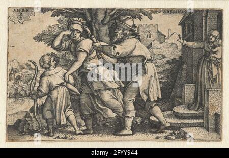 Abraham vertreibt Hagar und Ismaël; die Geschichte Abrahams. Abraham schickt Hagar und seinen ersten Sohn Ismaël auf Wunsch seiner Frau Sara mit einem Wassersack weg. Sara steht mit dem jüngsten Sohn Isaac auf dem Arm in der Tür. Die Namen der Hauptfiguren sind auf Schilden aufgeführt: Ager und Abraham Stockfoto