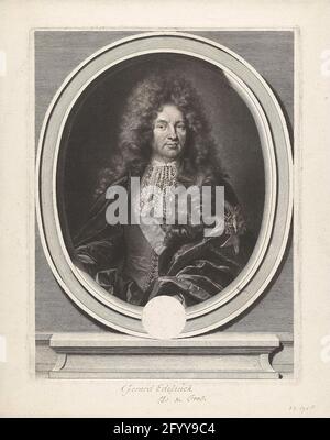 Porträt der Karlsjacke. Porträt von Charles Colbert (1625-1696), Marquis von Croissy, dargestellt in ovalem Bilderrahmen mit leerer Kartusche. Stockfoto