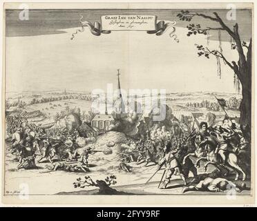 Gefängnis von Johan VIII., Graf von Nassau-Siegen bei Schlachten in Wesel, 1630; Graef Jan van Nassou Stopen und Ghevanghen. Anno 1630. Gefängnis von Johan VIII., Graf von Nassau-Siegen von Kolonel Ysselstein bei Schlachten in Wesel, August 1630. Heftige Kämpfe in einer Landschaft für eine Kirche, direkt im Vordergrund wird der Graf im Pferd. Unterschrift unten: Abb. 11, FOL. 102. Stockfoto