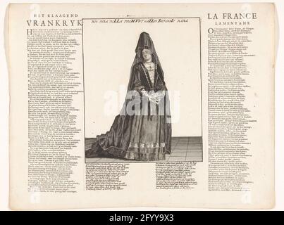 Madame der Maintenon als die klagende Frankreich, 1706; die klagende Vrankryk / La France Lamentant; Royal Almanach von 1701 / 't Lusthof aus Momus. Madame the Maintenon als die beschwerende Frankreich, für die Füße stehend, gekleidet wie eine Witwe, 1706. Mit zwei Versen auf Niederländisch in der Bildunterschrift und Versen auf Niederländisch und Französisch auf dem Blatt auf beiden Seiten der Platte. Teil einer Serie von 19 Karikaturen über die Franzosen und Verbündete aus dem Jahr 1706. Stockfoto