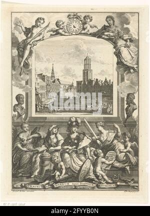 Stadtbild mit Domkerk in Utrecht und Allegorie mit Minerva und Tugenden. Ein Stadtbild mit Domkerk in Utrecht ist für die Begleitung mit Göttin Minerva in Begleitung dreier Tugenden von zentraler Bedeutung: Vorsicht, Mäßigung und Gerechtigkeit. Die Liste wird mit Wahrheits- und Loyalitätsnachweise auf beiden Seiten von zwei Putten mit einem Schild mit einer Waffe und einem Motto der Universität Utrecht ausgezeichnet. Stockfoto