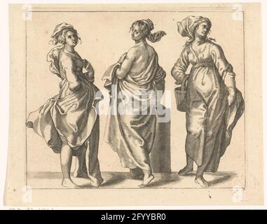 Drei Frauen; durchschnittlich begabte Frauen. Drei Frauen in lockerer Kleidung: Vorderansicht, seitlich und auf dem Rücken. Drucken Sie zwei aus einer Serie von Drucken zu Figuren aus dem Abraham Bloemaert Zeichenbuch. Stockfoto