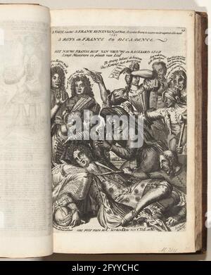 Louis XIV erkrankt nach dem Essen harter spanischer Noten, 1706; 3 falsch, weich! 3 französische Könige im Westen (2 ohne Thron) auch Zoam kriechen in ein Nest / 3 roys und Frankreich und Dekadenz; 10. Der Geschmack, oder al-arm in Versailles; Bycup an die Koninglyke Almanach, genannt Gulde-Jahr der Alliierten, 1706 / 't Lusthof von Momus. Karikatur auf den französischen König Louis XIV, der nach dem Essen auf harte spanische Noten krank wird, 1706. Die maîtresses beugen sich über den König, im Rückwuchs schreiende Kinder und Enkelkinder des Königs. Blatt Nr. 10 (oben rechts nummeriert) in der Serie von 25 Blättern mit dem Titel: Stockfoto
