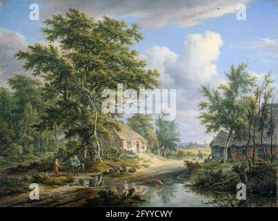 Bauernhöfe am Rande eines Waldes. Landschaft mit Bauernhöfen am Waldrand bei Laren in der Gooi. Zwischen den Farmen verläuft ein Weg, der sich nur ändert. Vorne trinkt ein Hund eine große Pfütze. Stockfoto