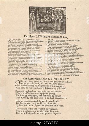 John Law in seinem Sonntagsrudel, 1720; Mr. Law in seinem Dämmerrudel / auf Rotterdams Nagtnegoty; die große Szene der Dummheit (Extrastücke). Blatt mit zwei Versen und oben eine Darstellung eines Mannes, der hinter einem Schreibtisch sitzt, zwischen zwei Gruppen wütender Frauen, die ihn wegen Dieb und Muschel schimpfen. Mit einem Vers in zwei Spalten über John Law und einem zweiten Gedicht in vier Versen über den Windhandel in Rotterdam im Jahr 1720. Gehört zu der Gruppe der Prans, die zum Schauplatz der Dummheit mit Cartring-Pressen beim Wind- oder Action-Handel von 1720 hinzugefügt wurde. Stockfoto