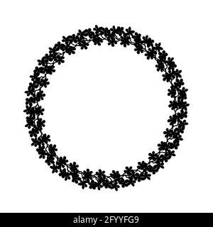Farbenfrohe Blumenkränze. Zarter Kranz aus Sakura-Zweigen. Blumen blühen von Hand gezeichnet, Kreis Rahmen von schwarzen Farben Blumen auf weißem Hintergrund. Für Stockfoto