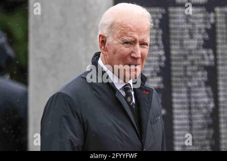 New Castle, DE, USA. Mai 2021. Der Präsident der Vereinigten Staaten, JOE BIDEN, kommt zu einer traditionellen Gedenkfeiertag-Zeremonie am Sonntag. Mai. 30, 2021, im Veterans Memorial Park in New Castle, DE. Kredit: Saquan Stimpson/ZUMA Wire/Alamy Live Nachrichten Stockfoto