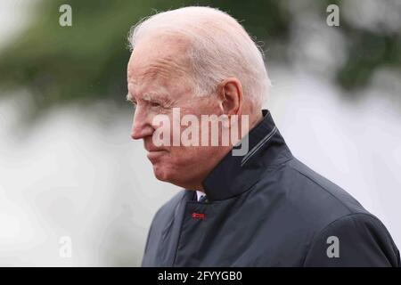 New Castle, DE, USA. Mai 2021. US-Präsident JOE BIDEN hat gesehen, wie er einen Memorial Day-Sonntag verlassen hat. Mai. 30, 2021, im Veterans Memorial Park in New Castle, DE. Kredit: Saquan Stimpson/ZUMA Wire/Alamy Live Nachrichten Stockfoto