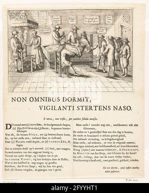 Der schlafende Bauer aus Stolwijk, 1707. Der schlafende Bauer aus Stolwijk oder die sogenannte schlafende Stolk Boer. Dirk Klaasz de Bakker schlief vom 29. Juni 1706 bis zum 11. Januar 1707 (27 Wochen) und fiel nach dem Aufwachen bis zum 15. März 1707. De Boer schläft in seinem Bett, im Zimmer Bruder und Schwester des Bauern, ein paar Ärzte und Ärzte und Besucher. Auf dem Blatt unter der Platte ist ein Vers in 2 Spalten gedruckt, in dem die Leichtgläubigkeit der Ärzte und Besucher verspottet wird. Stockfoto