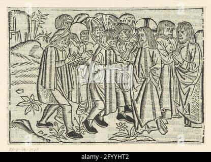 Christus heilt Leprakranke. Christus mit Apostel und Gruppe von Aussätzigen. Stockfoto