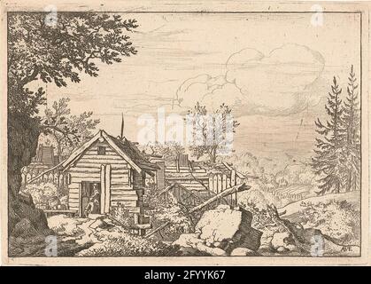 Landschaft mit zwei Männern im Eingang einer Holzhütte. Stockfoto