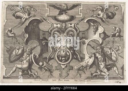 Kartusche, auf der ein Maskaron mit Schlangen wie Haar sitzt; gegossene CIERLICKE COMPERTIES. Kartusche in einem rollenden Rahmen. In der Mitte ein Maskaroon mit Schlangen wie Haare. Zwei Schlangenbecher greifen zwei Krieger mit Wappen an. Über der Kartusche ein Adler auf einer Vase. Links und rechts ein fliegender Drache und zwei Affen. Unten zwei geknackte Krieger mit einem Schild. Schattierter Hintergrund. Teil der Serie mit Titelseite und 12 Blatt. Stockfoto