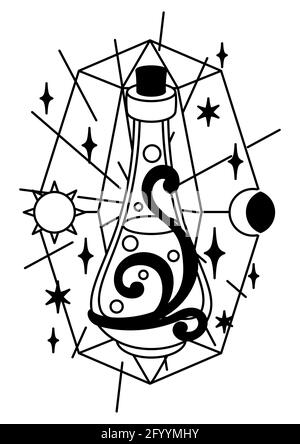 Magische Illustration mit Elixier. Mystik, Alchemie, Spiritualität und Tattoo-Kunst Stock Vektor