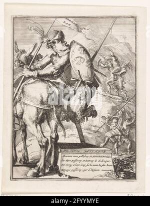 Karikatur zum Wahlfrost Bayerns, 1706; Tricotin Palladin; Royal Almanach von 1701 / 't Lusthof aus Momus. Karikatur zu Maximilian II. Emanuel, Keurvorst von Bayern als verkrüppelter Reiter mit einem Holzbein, das auf einem Pferd klettert. Auf der Bordbank ein frisch in Französisch von vier Regeln. Teil einer Serie von 19 Karikaturen über die Franzosen und Verbündete aus dem Jahr 1706. Stockfoto