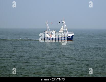 Kleiner Blauer Fischtrawler Angeln In Der Nordsee Weiter Ein haziger und sonniger Sommertag Stockfoto