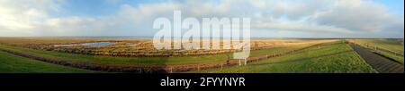 Panoramablick Vom Deich Zur Nordsee Hinein Der Nationalpark Wattenmeer in Pilsum Ostfriesland an Ein sonniger Sommertag mit EINEM klaren blauen Himmel und A F Stockfoto