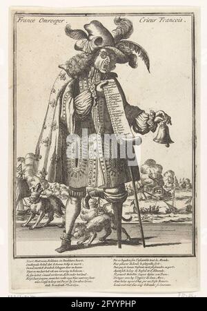 Der französische Ansager, 1692; Frankreich Ansager / Kreis Francois. Die französischen Sender. Karikatur auf den französischen König Ludwig XIV., mit Brille und linkem Bein auf einem Hocker, Das bringt die Nachricht von der Niederlage in der Seeschlacht am Kap La Hogue, wo die Franzosen unter Admiraal die Tourville von der kombinierten Flotte von England und Holland unter den Admiralen Russel und Almonde, 29. Mai bis 3. Juni 1692 besiegt wurden. In der linken Hand eine Muschel, in der rechten eine lange Liste der Namen der verbrannten französischen Schiffe, zu seinen Füßen zwei bellende Hunde, im Hintergrund die Seeschlacht. Am unteren Rand von zwei Vers Stockfoto