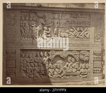 Bas Reliof in der Nordwand des Borobudur; Dito 2nd Go. Das Relief erzählt Jugendgeschichten aus Siddhartha in Lalitavistara und Ruyana in Avadana Stockfoto