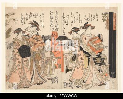 Courtisanes Takikawa und Hanaogi aus dem Ogiya-Haus; Spiegel von Handschriften aus den neuen schönen Courtisanes aus der Yoshiwara; Yoshiwara Keisei Shin Bijin Jihitsu Kagami. Zwei Courtisanes, jeweils gefolgt von einem Shinzo (Courtisane in Training) und zwei Kamuro (jüngste Hilfe von einem Kurtisane). Das Muster aus Ventilatoren, Kiefer- und Pflaumenblütenzweigen auf dem Kimono des Shinzo bezieht sich auf Neujahr. Über jedem der Courtisanes ein klassisches Gedicht, angeblich in eigener Handschrift. Stockfoto