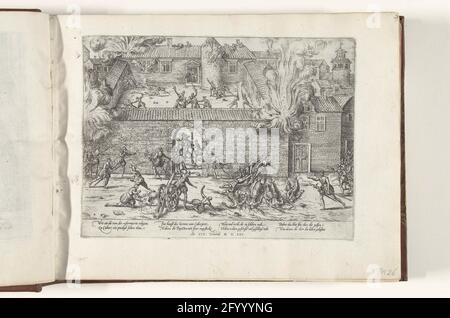 Mord an den Protestanten in Cahors, 1561; Serie 3: Französische Religionskriege, 1559-1573. Mord an den Protestanten in Cahors, 19. November 1561. Das Haus, in dem ein Treffen stattfindet, wird gefeuert und die fliehenden protestanten werden getötet. Mit einer Bildunterschrift von 8 Regeln in deutscher Sprache. Nummeriert: 8. Stockfoto