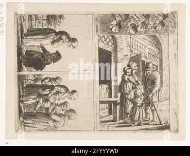 Vier Darstellungen des Familienlebens. Ein nicht geknapptes Blatt mit vier Leistungen des Familienlebens. In der ersten Show steht eine Frau vor ihrer Haustür. Sie spricht mit ihrem Mann. Sie hat ihre Tochter auf dem Arm. Eine zweite Tochter ist neben dem Vater. Eine zweite Darstellung ist von zwei Mädchen. Der jüngste hat einen Korb um den Arm. Die dritte Vorstellung ist von drei Frauen. Sie sind zusammen und beschäftigt. Eine der Frauen hat ein Kind. Ein anderes Kind verharre hinter ihrem Rock. Die vierte und letzte Darstellung zeigt die Büsten von vier fünf Personen in der Seitenansicht (Büste rechts). T Stockfoto