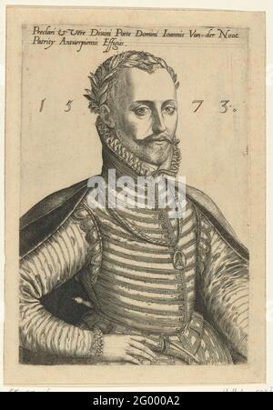 Porträt von Jan van der Noot. Jonker Jan van der Noot, niederländischer Dichter, halb traurigerweise porträtiert, gekrönt mit Lorbeerkranz. Medaille um den Hals mit dem Bild eines Musikers, der auf einer Winde spielt. Lateinische Inschrift. Stockfoto