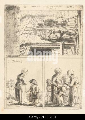 Vier Darstellungen des Familienlebens. Ein nicht geknapptes Blatt mit vier Leistungen des Familienlebens. In der ersten Show steht eine Frau vor ihrer Haustür. Sie spricht mit ihrem Mann. Sie hat ihre Tochter auf dem Arm. Eine zweite Tochter ist neben dem Vater. Eine zweite Darstellung ist von zwei Mädchen. Der jüngste hat einen Korb um den Arm. Die dritte Vorstellung ist von drei Frauen. Sie sind zusammen und beschäftigt. Eine der Frauen hat ein Kind. Ein anderes Kind verharre hinter ihrem Rock. Die vierte und letzte Darstellung zeigt die Büsten von vier fünf Personen in der Seitenansicht (Büste rechts). T Stockfoto