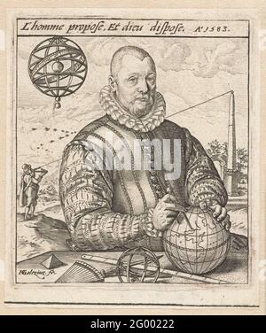 Porträt von Nicolaus Petri aus Deventer; L'homme schlagen vor, et Dieu entsorgen. Porträt von Nicolaus Petri aus Deventer, Kammer und Astronom in Amsterdam. Porträt der Hälfte, hinter einem Tisch, auf dem mathematische und astronomische Instrumente: Globus, Himmelsatmosphäre, Astrolabium, Passant. Links von seinem Kopf eine himmlische Atmosphäre. Mann links im Hintergrund ein Messgerät fokussiert auf den Obelisk rechts im Hintergrund. Stockfoto