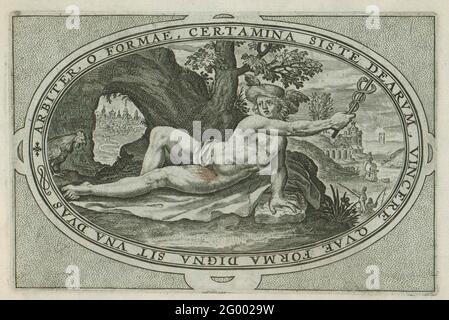 Merkur; Götter und Göttinnen, die am Urteil von Paris beteiligt sind. Landschaft mit Merkur und seinem Attribut De Haan. Hummer nehmen das Auto normalerweise von Mercury. Mercury trägt seinen geflügelten Helm, den Petasus. Er hält den Kadukeus in der Hand. Im Rahmen ein peripheres lateinisches Bild, das sich auf die Rolle bezieht, die Merkur im Urteil von Paris gespielt hat. Merkur bringt die Göttinnen nach Paris und fungiert als Vermittler. Dieser Druck ist Teil eines Albums. Stockfoto