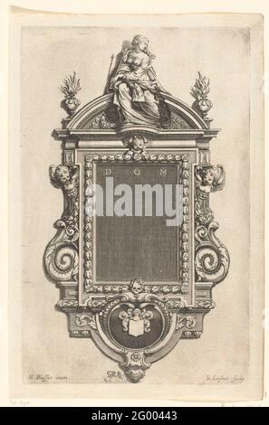Epitaaf mit Frau; Lektion Epitaphes. Rechteckiges Feld mit den Buchstaben Dom, über dem eine Frau mit einem Zepter sitzt, ausgezeichnet mit einem Fleur-de-lys. Aus einer Serie von 7 Blatt. Stockfoto
