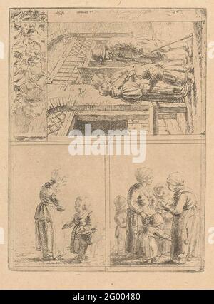 Vier Darstellungen des Familienlebens. Ein nicht geknapptes Blatt mit vier Leistungen des Familienlebens. In der ersten Show steht eine Frau vor ihrer Haustür. Sie spricht mit ihrem Mann. Sie hat ihre Tochter auf dem Arm. Eine zweite Tochter ist neben dem Vater. Eine zweite Darstellung ist von zwei Mädchen. Der jüngste hat einen Korb um den Arm. Die dritte Vorstellung ist von drei Frauen. Sie sind zusammen und beschäftigt. Eine der Frauen hat ein Kind. Ein anderes Kind verharre hinter ihrem Rock. Die vierte und letzte Darstellung zeigt die Büsten von vier fünf Personen in der Seitenansicht (Büste rechts). T Stockfoto