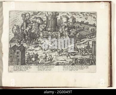 DEUTZ wird angezündet, 1583; Serie 9: Niederländische und deutsche Veranstaltungen, 1583-1587. Die Stadt Deutz feuerte am 6. Und 11. August 1583. Episode aus dem Keulse-Krieg. Mit einer Bildunterschrift von 8 Regeln auf Deutsch und 4 Regeln auf Französisch. Nummeriert: 60 und 3. Stockfoto