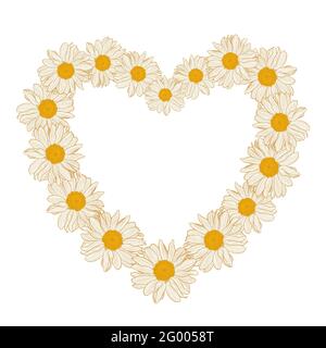 Blumenkranz aus Gänseblümchen in Herzform auf weißem Hintergrund. Vektor-Illustration-Element mit Kopierfläche, kann für Grußkarten, Einladungen, Hochzeit, Geburtstag, ostern, Verpackungsdesign. Stock Vektor