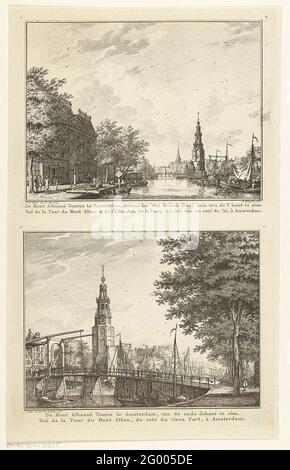Zwei Gesichter im Montelbaanstoren in Amsterdam. Zwei Platten auf einem Blatt Papier gedruckt. Über dem Montelbaanstoren in Amsterdam vom IJ aus gesehen, vom alten Glanz aus gesehen. Stockfoto
