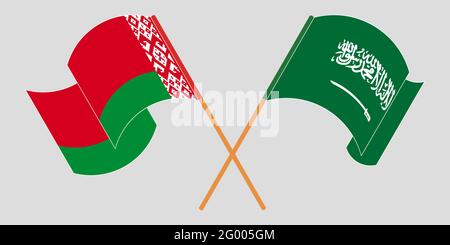 Gekreuzte und winkende Flaggen von Belarus und dem Königreich Saudi-Arabien. Vektorgrafik Stock Vektor