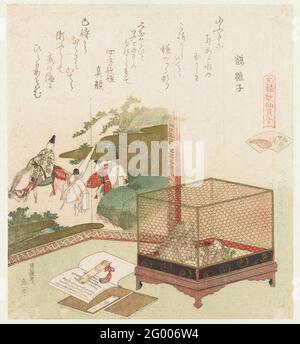 Die wasserlose Hülle; Minasegai; EIN Vergleich von Genroku-Gedichten und Muscheln; Genroku Kasen Kaiawase. Frösche sitzen auf Steinen in einem Käfig. Nach einem Raumbildschirm mit dem Bild eines Mannes auf dem Pferderücken, der von Bediensteten begleitet wird. Die drei Bücher auf dem Boden beziehen sich auf eine Gedichtsammlung aus dem 15. Jahrhundert. Das Bild auf dem Raumbildschirm bezieht sich auf General Minamoto No Yoshiie am Fluss IDE. Die Frösche, die sich nicht im Wasser, sondern auf Steinen befinden, beziehen sich auf den Titel des Abdrucks. Mit zwei Gedichten. Stockfoto