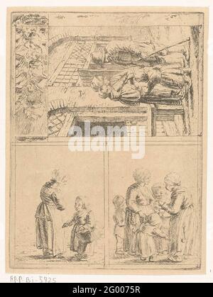 Vier Darstellungen des Familienlebens. Ein nicht geknapptes Blatt mit vier Leistungen des Familienlebens. In der ersten Show steht eine Frau vor ihrer Haustür. Sie spricht mit ihrem Mann. Sie hat ihre Tochter auf dem Arm. Eine zweite Tochter ist neben dem Vater. Eine zweite Darstellung ist von zwei Mädchen. Der jüngste hat einen Korb um den Arm. Die dritte Vorstellung ist von drei Frauen. Sie sind zusammen und beschäftigt. Eine der Frauen hat ein Kind. Ein anderes Kind verharre hinter ihrem Rock. Die vierte und letzte Darstellung zeigt die Büsten von vier fünf Personen in der Seitenansicht (Büste rechts). T Stockfoto