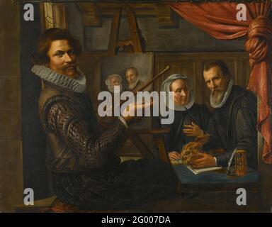 Der Maler in seinem Atelier Painting the Portrait of a Eheleute. Der Maler ist damit beschäftigt, ein Paar in seiner Werkstatt zu porträtieren. Der Maler liegt hinter dem Gemälde auf dem Esel mit Palette, Pinsel und Malstock in der Hand. Rechts posiert das Paar an einem Tisch, auf dem ein Totenkopf, Buchstaben und eine Sanduhr stehen. Stockfoto