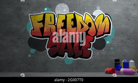 Freiheit Verkauf Graffiti auf Beton Wand Textur Stein Wand Hintergrund. 3d-Rendering Stockfoto