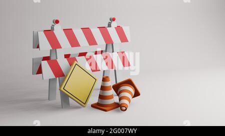 Verkehrskegel Straßenkegel und Straßenschild 3d-Rendering Stockfoto