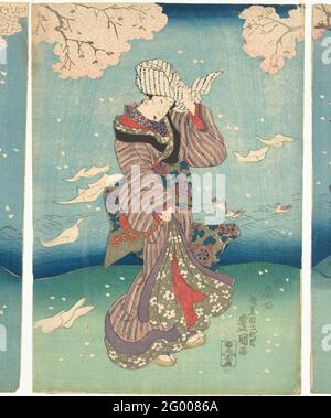 Stürmischer Tag auf dem Sumida-Fluss; acht Gesichter auf edo. Frau mit weißem, blauem Kopftuch, die am Flussufer zwischen Straßenblättern steht. Papier und fallende Blütenblätter; drei Enten im Hintergrund. (Bijinga) Stockfoto