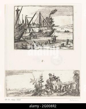 Backbord und felsige Landschaft mit Wanderern; Landschaften und Marines. Zwei Platten auf einem Blatt Papier gedruckt. Über einer Hafenwand mit zwei Segelschiffen und einer Galeone stehen zwei Männer am Kai. Unter einer felsigen Landschaft mit Brücken. Ein Spaziergänger geht entlang der Uferpromenade. Stockfoto