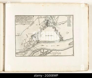 Karte von Mainz, ca. 1702; Mayence, Est située deça Le Rhein et au Confluant du Main (...); Les Forces de l'Europe, Asie, Afrique et Amerique, Ou Beschreibung des Principales Villes Avec Leurs Fortifikations. Dessignées PAR LES MEILLEURS Ingenieure, private Party Celles Qui sont Sous La Domination de la France (...) Et Ornées the plusieurs Superbes Edifes. Karte der Verstärkungen der Stadt Mainz. Tafel Nr. 94 im Bild im Kontext von insgesamt 276 nummerierten Tafeln namhafter starker Städte und Festungen im Kontext des Spanischen Erbfolgekrieges. In den meisten Teilen haben diese Platten b Stockfoto