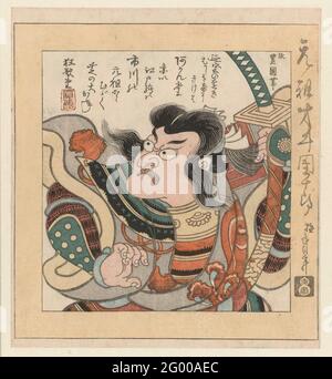 Schauspieler Ichikawa Danjûrô i; der Gründer Danjûrô Saigyô, genehmigt von Sanshô VII; Ganso Saigyô Danjûrô - Kiwame Shichidaime Sanshô; Danjûrô Familie der Kabuki-Schauspieler. Der Kabuki-Schauspieler Ichikawa Danjûrô I (1660-1704), der Gründer der Danjûrô-Dynastie, in der Rolle eines Kriegers im Shibaraku-Stück (wartet eine Minute!). Er hält ein Schwert in seiner verlassenen linken Hand. Diese Serie ist eine Ode an die berühmten Ichikawa Danjûrô Schauspieler, mit Zustimmung des Schauspielers Ichikaiwa Danjûrô VII (1791-1859) selbst, mit seinem Siegel (Kiwame) und anderem Namen Sanshô VII. Mit einem Gedicht. Stockfoto