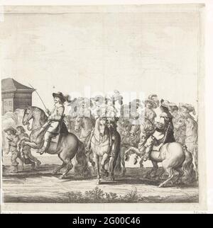 Eintrag von Maria Henrietta Stuart, Prinzessin von Oranien in Amsterdam (Tafel 2), 1660; Afbelijthe über das, was Wijse Haere Hoogheeden, Maria Stuart Princesse Rojael und Haeren bald seinen Hoogheyt Wilhelm aus Nassou, dem III. Prinz von Oranien (...) am 15 von Somermaent AO. 1660 (...). Besuch von Maria Henrietta Stuart, Prinzessin von Oranien, begleitet von Amalia van Solms, dem jungen Prinz Willem III. Und anderen in Amsterdam, 15. Juni 1660. Die Ankunft der Prozession mit Reitern am Haarlemmerpoort. Der Frontfahrer beschriftete mit dem Buchstaben A. zweite Platte in einem unmontierten Ensemble, bestehend aus einem se Stockfoto