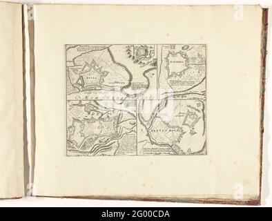 Vier Karten von Städten in Katalonien und Südfrankreich, ca. 1701-1713; Roses / Puicerda / Mont-Louis / Prati de Mola; Les Principales Forterses & Villes Fortes, D'Espagne, De France, D'Italie, Savoia, D'Allemagne & des Païs-Bas (...) / sittingurische Bilder der wichtigsten starken Städte und Festungen in Spanien, Vrankryk, Italien, Savoyen, Duytsland und Nederlanden (...). Blatt mit vier Karten von Städten in Katalonien und Südfrankreich. Teil der gebündelten Serie von 49 Tafeln namhafter starker Städte und Festungen im Spanischen Erbfolgekrieg, ca. 1701-1713. Mit den Titeln auf Niederländisch. Stockfoto