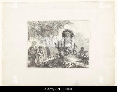 Maria mit Kind unterstützt von Engel und Joseph führt Esel entlang Hirte mit Schafen; Flucht nach Ägypten; Idee Pittoresche Sopra La Fugga in Egitto. Stockfoto