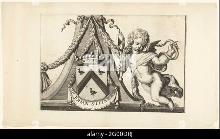 Wappen von Jacob Steyn; Karte von Haarlem und Gesichter auf Haarlem. Wappen von 'Jacob Steyn' ('Sekretär' van Haarlem), rechts ein Putto mit Spiegel und Schlange (Vorsicht / Vorsicht). Dieses Magazin ist Teil eines umfassenden Drucks mit einer großen Karte von Haarlem, umgeben von sieben Wappen, einem Stadtprofil, Gesichtern auf markanten Gebäuden in Haarlem und zeigt wichtige Momente aus der Geschichte Haarlems. Stockfoto
