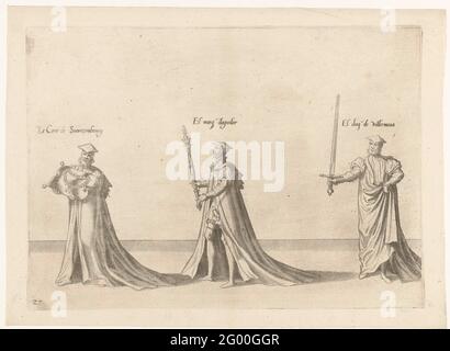 Teil der Prozession, nein 27; Trauerzug von Kaiser Karl V., 1558. Drei Teilnehmer an der Prozession, mit seiner Fähigkeit, die Kette mit der Reihenfolge des goldenen Vlieses, das Zepter und das Schwert. Teil des Druckers der Trauerprozession von Kaiser Karl V. am 29. Dezember 1558 in Brüssel. Stockfoto