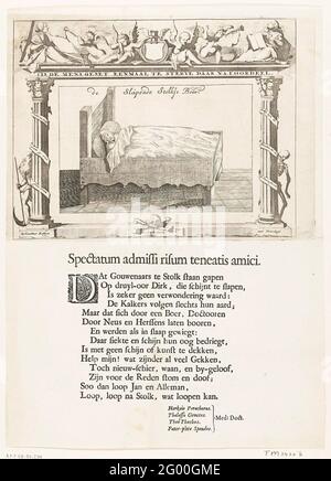 Der schlafende Bauer aus Stolwijk, 1707; der schlafende Stolk Boer. Der schlafende Bauer aus Stolwijk oder die sogenannte schlafende Stolk Boer. Dirk Klaasz de Bakker schlief vom 29. Juni 1706 bis zum 11. Januar 1707 (27 Wochen) und nach dem Aufwachen bis zum 15. März 1707. De Boer schläft in seinem Bett, in einem Rahmen mit Säulen, hinter denen sich die Zeit und der Tod des Vaters verstecken. Oben auf einem Fries mit Putten und Personifikationen der Hoffnung und des Glaubens. Nahm unter die Platte einen Vers von 14 Zeilen. Stockfoto